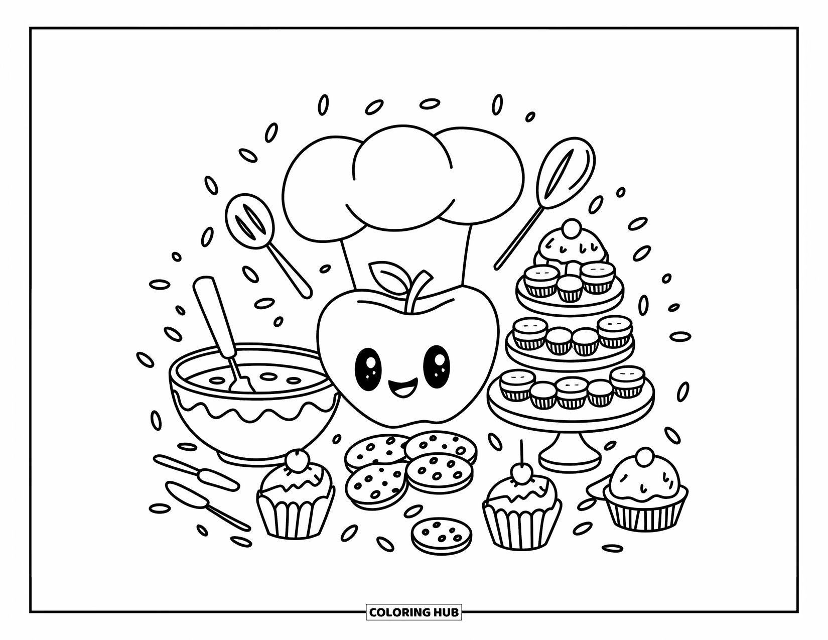 Apple Coloring Page for Adults: A cheerful apple chef with a puffy hat, surrounded by baking tools and sprinkles