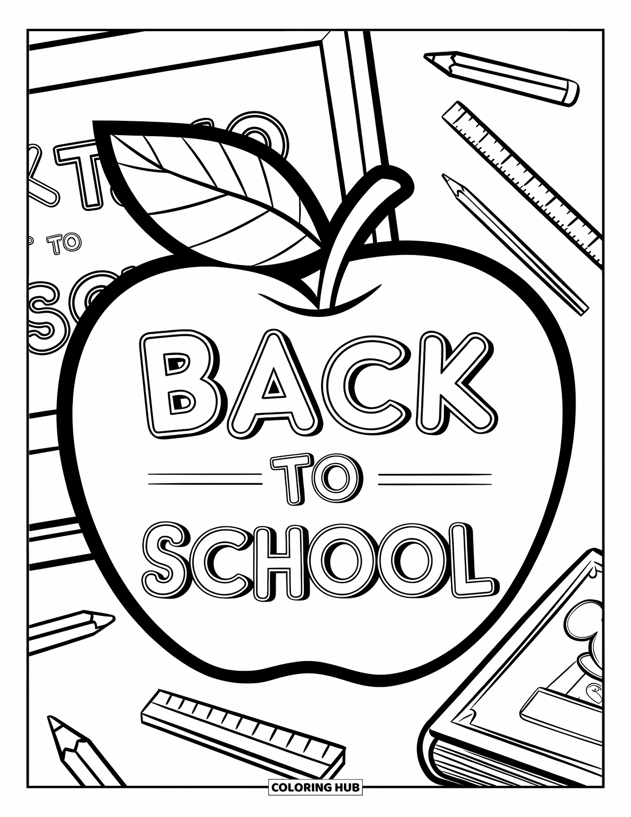 Apple Coloring Page for Kids: A back-to-school apple with a chalkboard, pencils, and a ruler