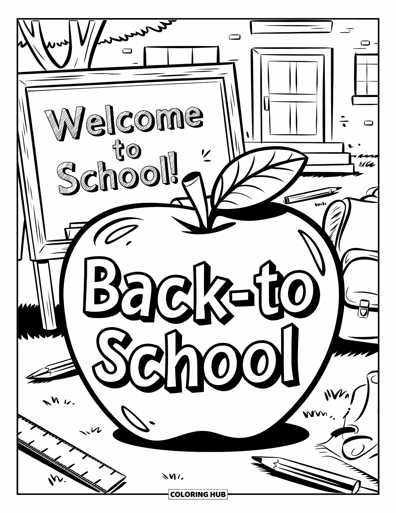 Apple Coloring Page for Kids: A back-to-school apple with school supplies and a tree in the background