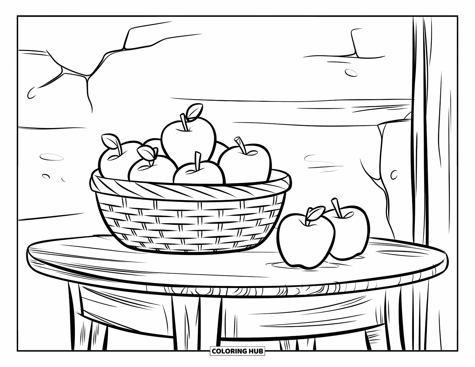 Apple Coloring Page for Kids: A basket of apples spilling onto the ground near a table leg
