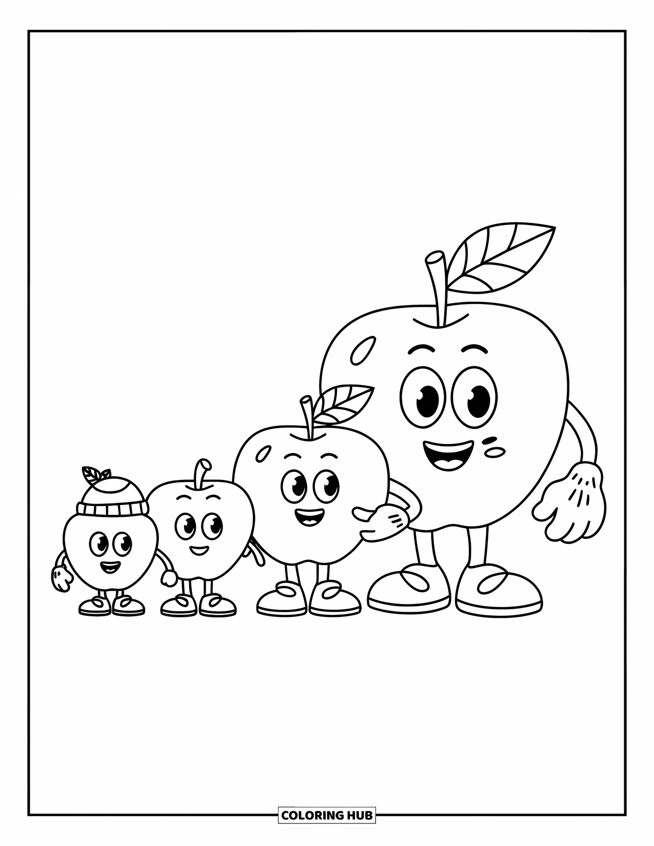 Apple Coloring Page for Kids: A family of apples in a row, each with accessories like a hat or scarf