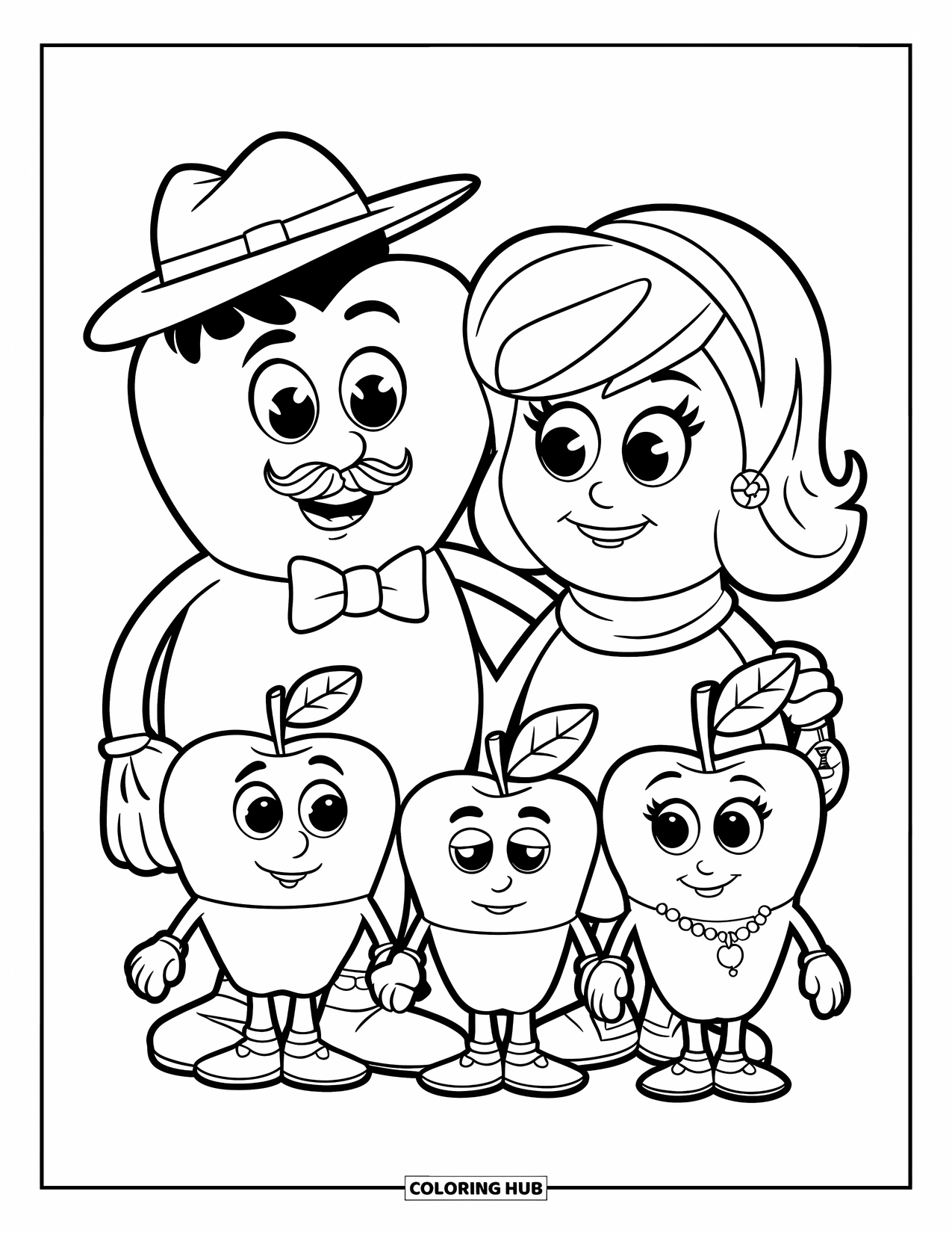 Apple Coloring Page for Kids: A family of apples with a hat, scarf, bowtie, and necklace, each with a unique look