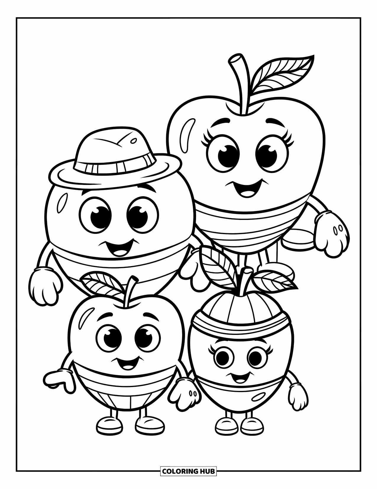 Apple Coloring Page for Kids: A family of apples with unique expressions and fun accessories
