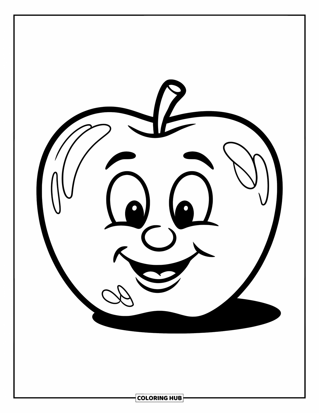 Apple Coloring Page for Kids: A smiling apple on a plain background with playful details
