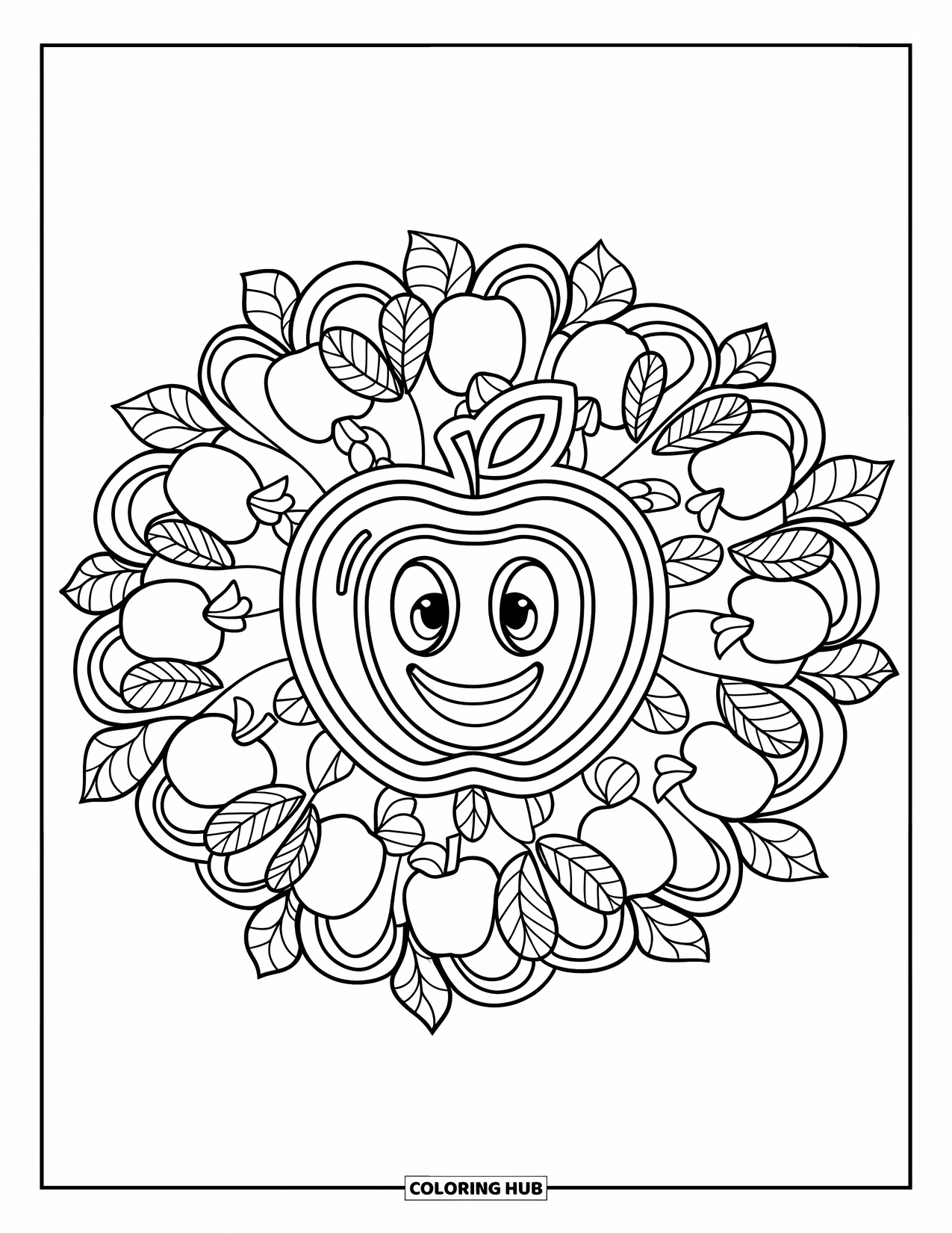 Apple Coloring Page for Kids: An apple design in the center of a mandala pattern surrounded by leaves