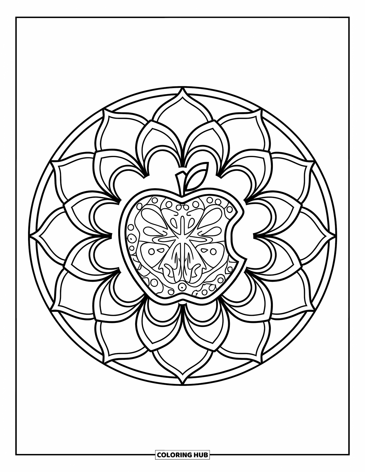 Apple Coloring Page for Kids: An apple design integrated into a mandala with circular shapes and leaves