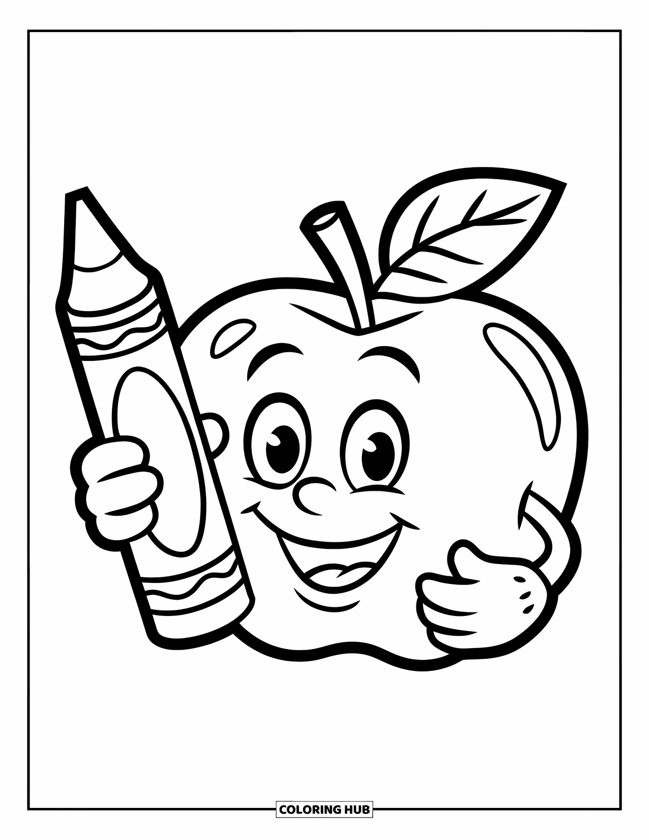Apple Coloring Page for Kids: An apple holding a crayon with a bold smile on a plain background