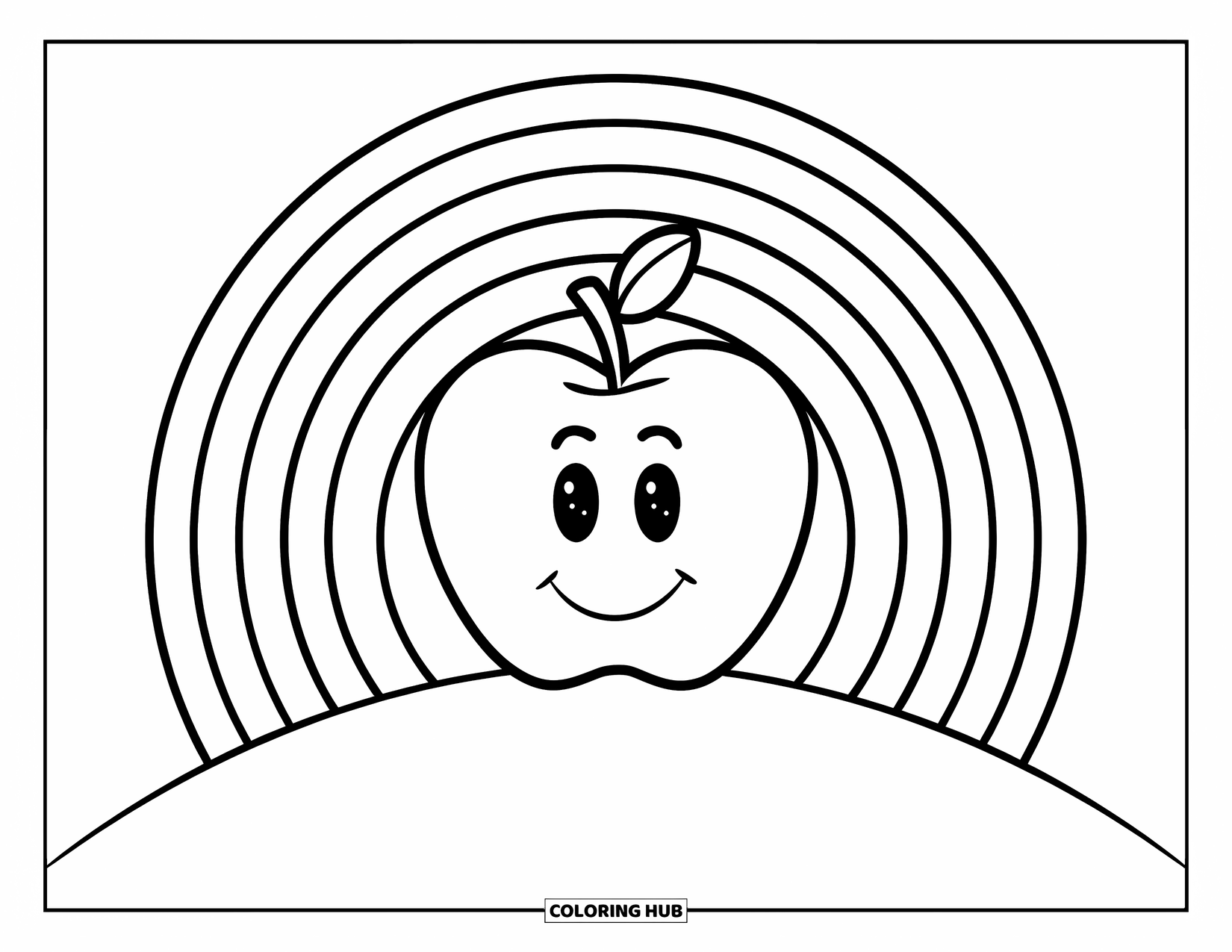 Apple Coloring Page for Kids: An apple on a hill with a rainbow behind it
