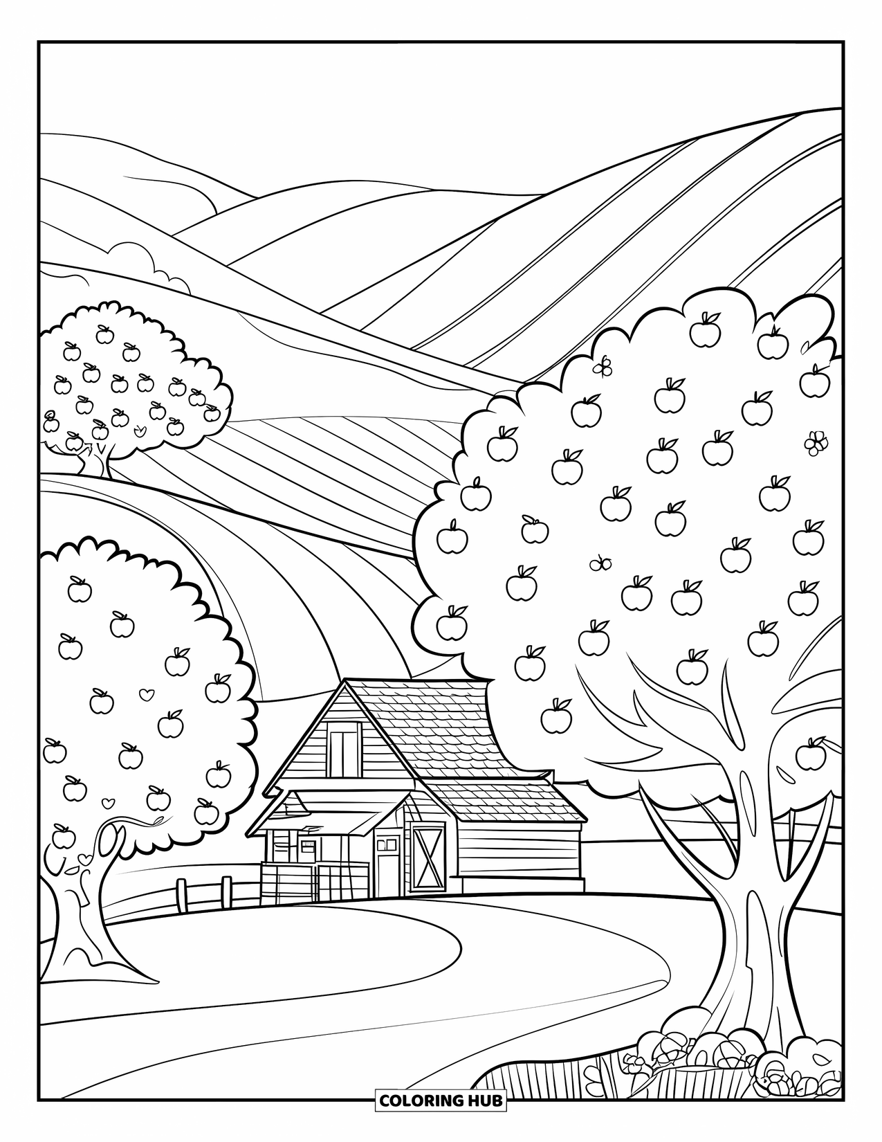 Apple Coloring Page for Kids: An apple orchard with rolling hills, trees, and a farmhouse in the background