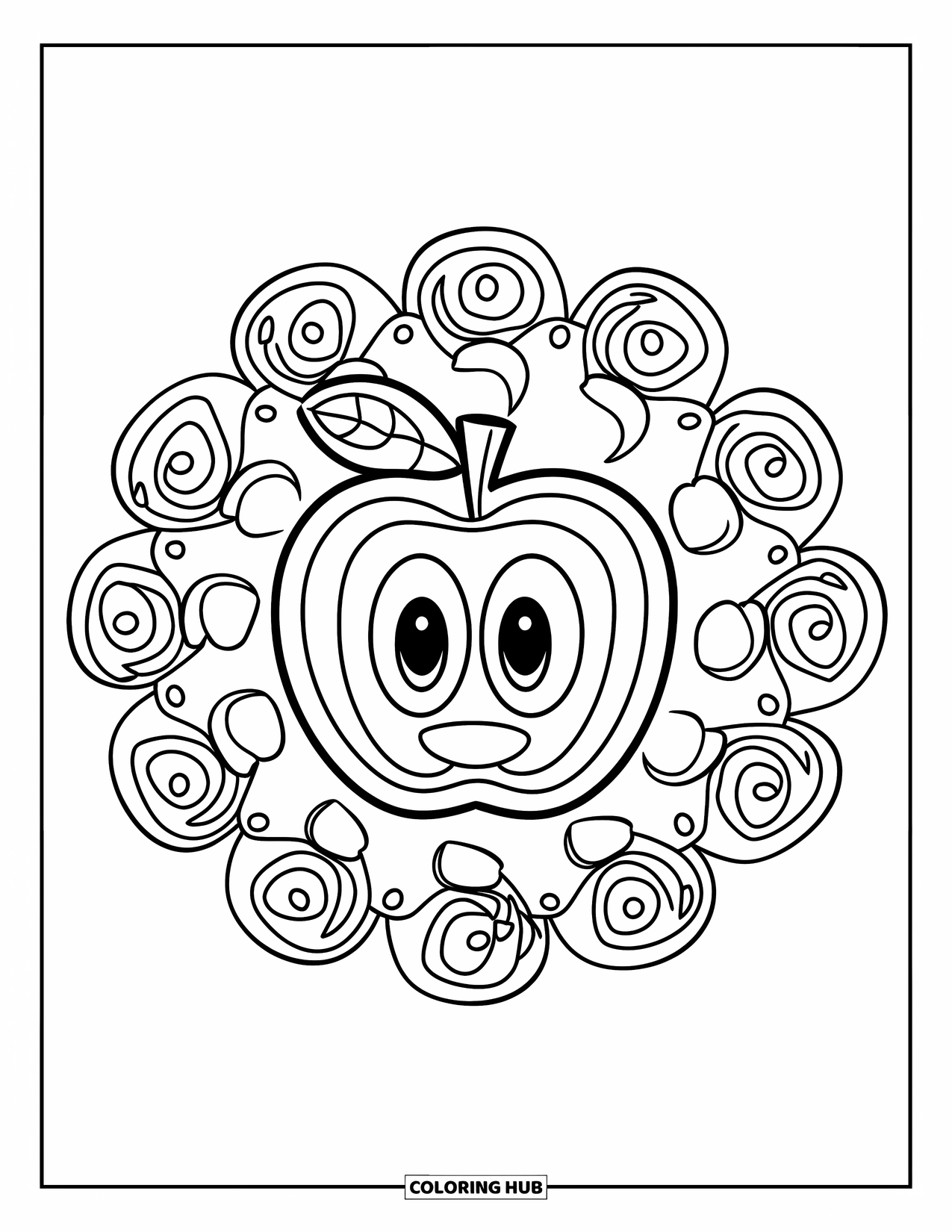 Apple Coloring Page for Kids: An apple surrounded by a mandala pattern of spirals and circles