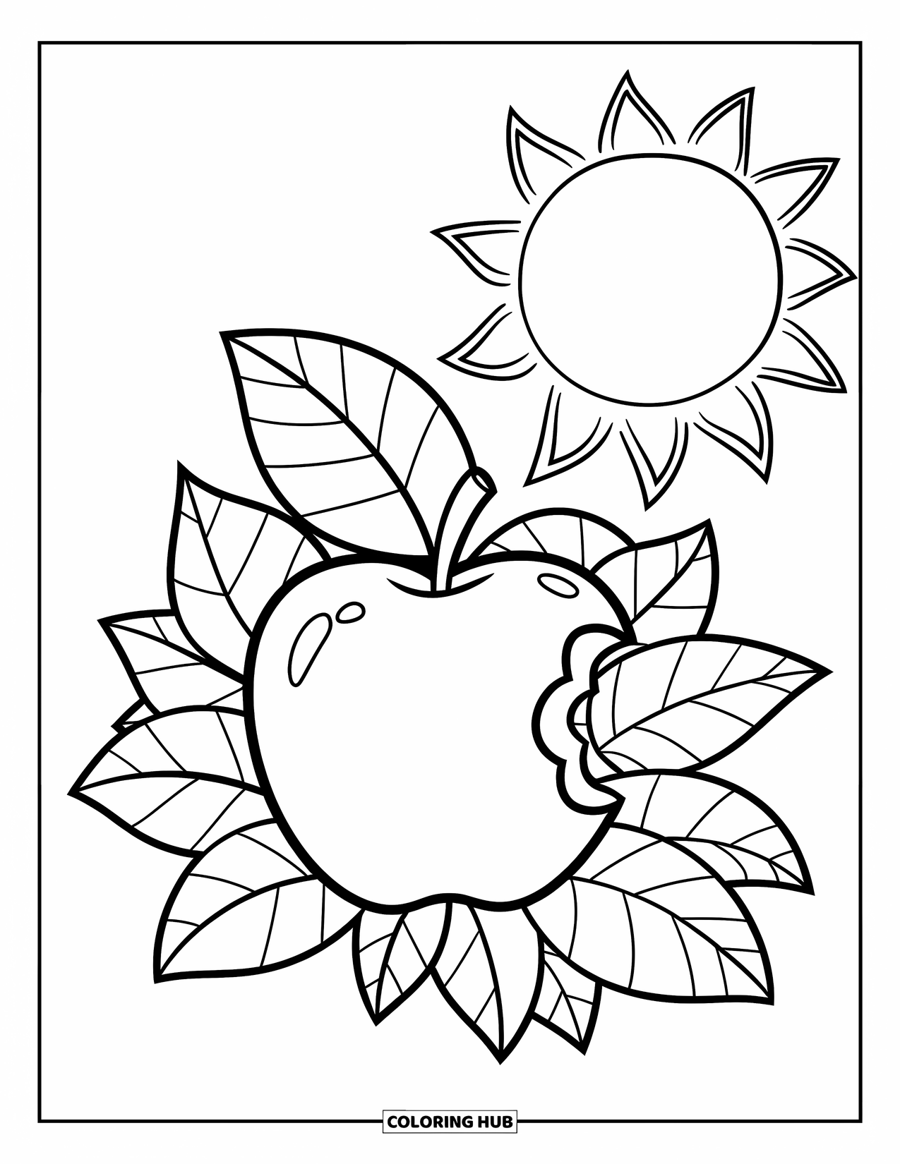 Apple Coloring Page for Kids: An apple with a bite taken out, leaves nearby, and a bold sun behind it