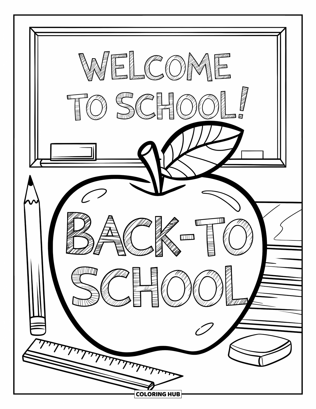 Apple Coloring Page for Kids: An apple with school supplies and a chalkboard that says "Back to School"