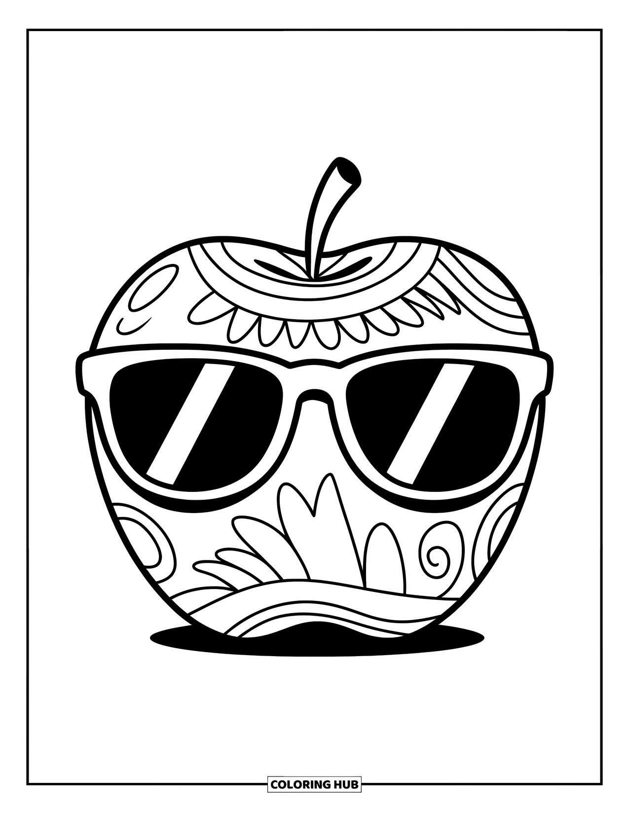 Apple Coloring Page for Kids: An apple with sunglasses and funky patterns on a plain background