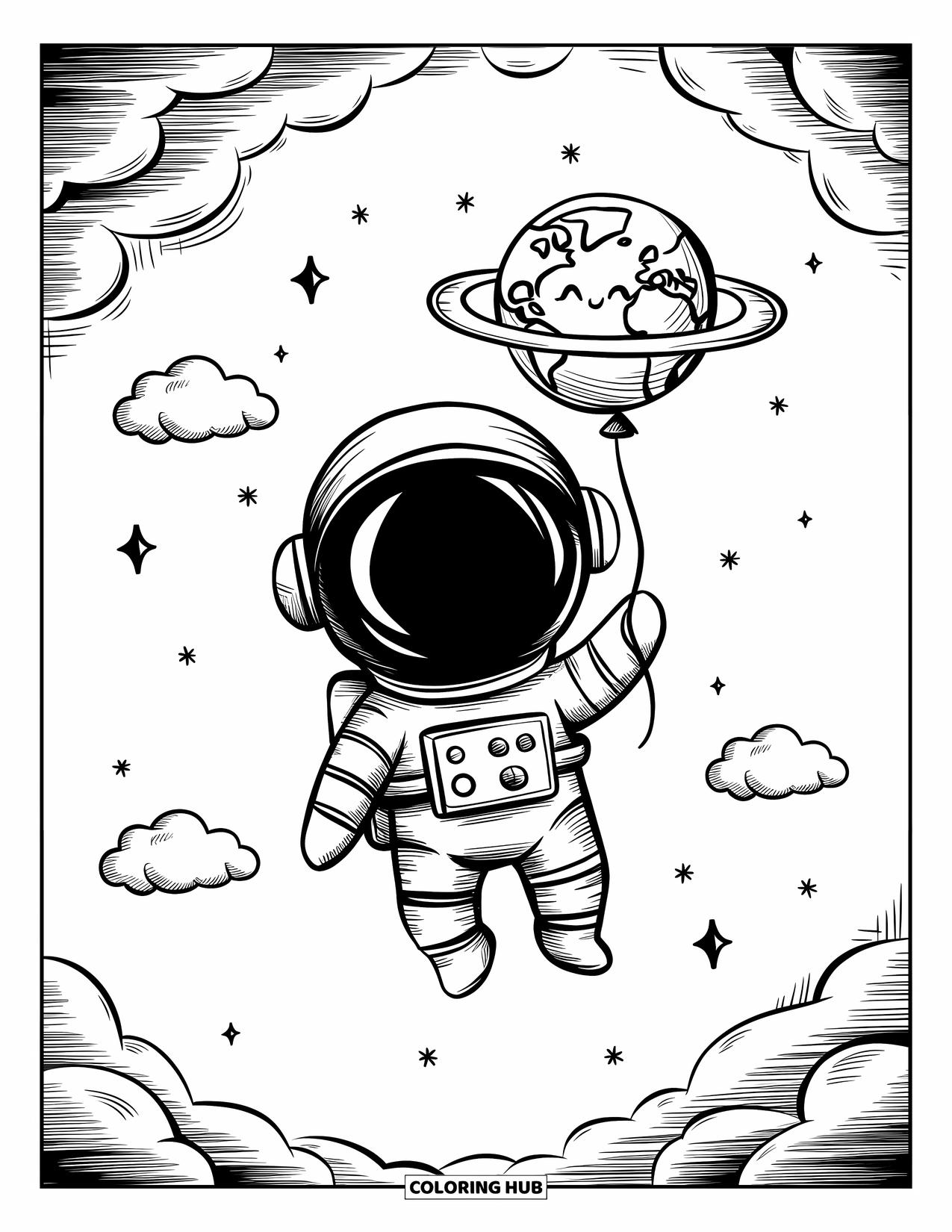 Astronaut Coloring Page for Adults: A cheerful astronaut holds a planet balloon while floating among clouds and twinkling stars