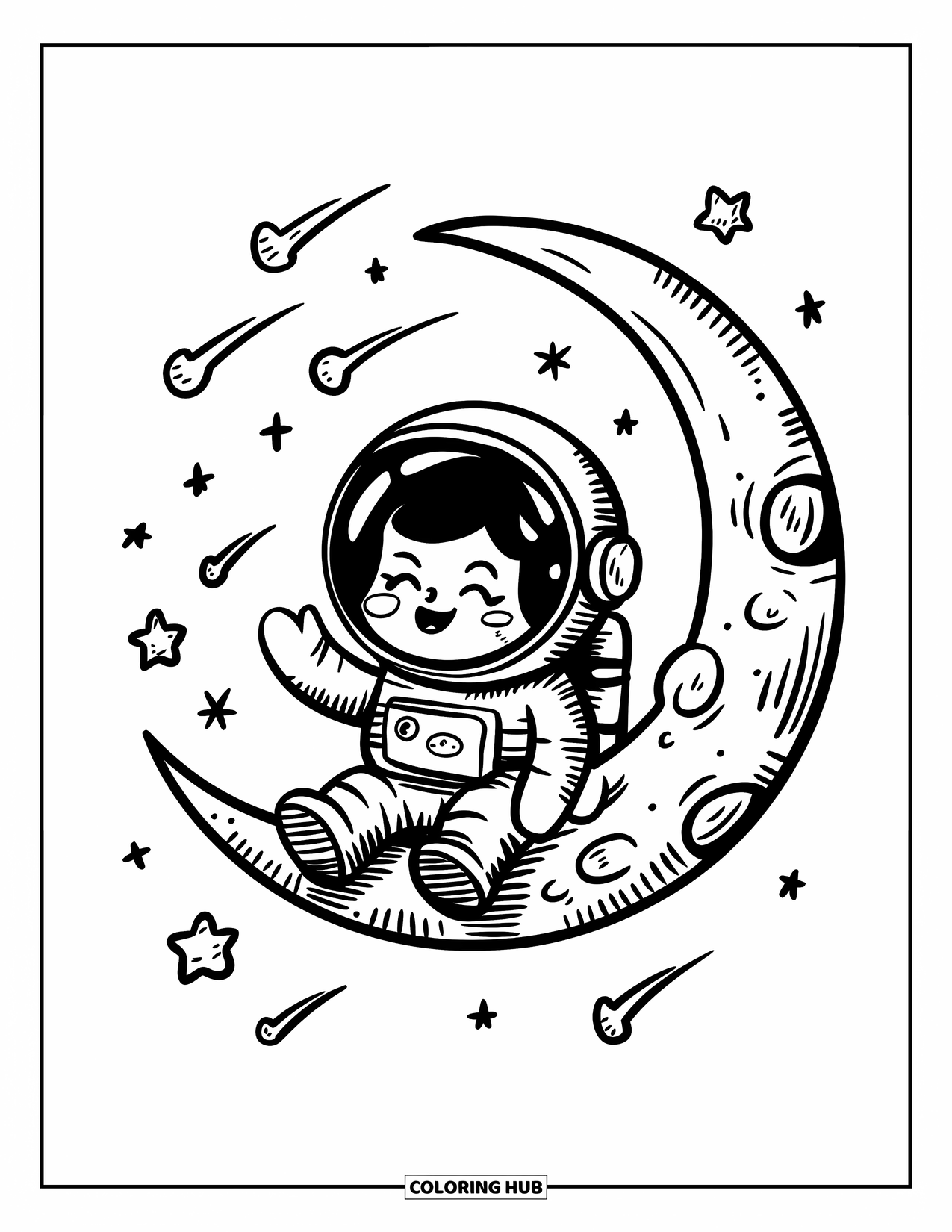 Astronaut Coloring Page for Adults: A cheerful astronaut sits on a cratered moon, surrounded by drifting shooting stars