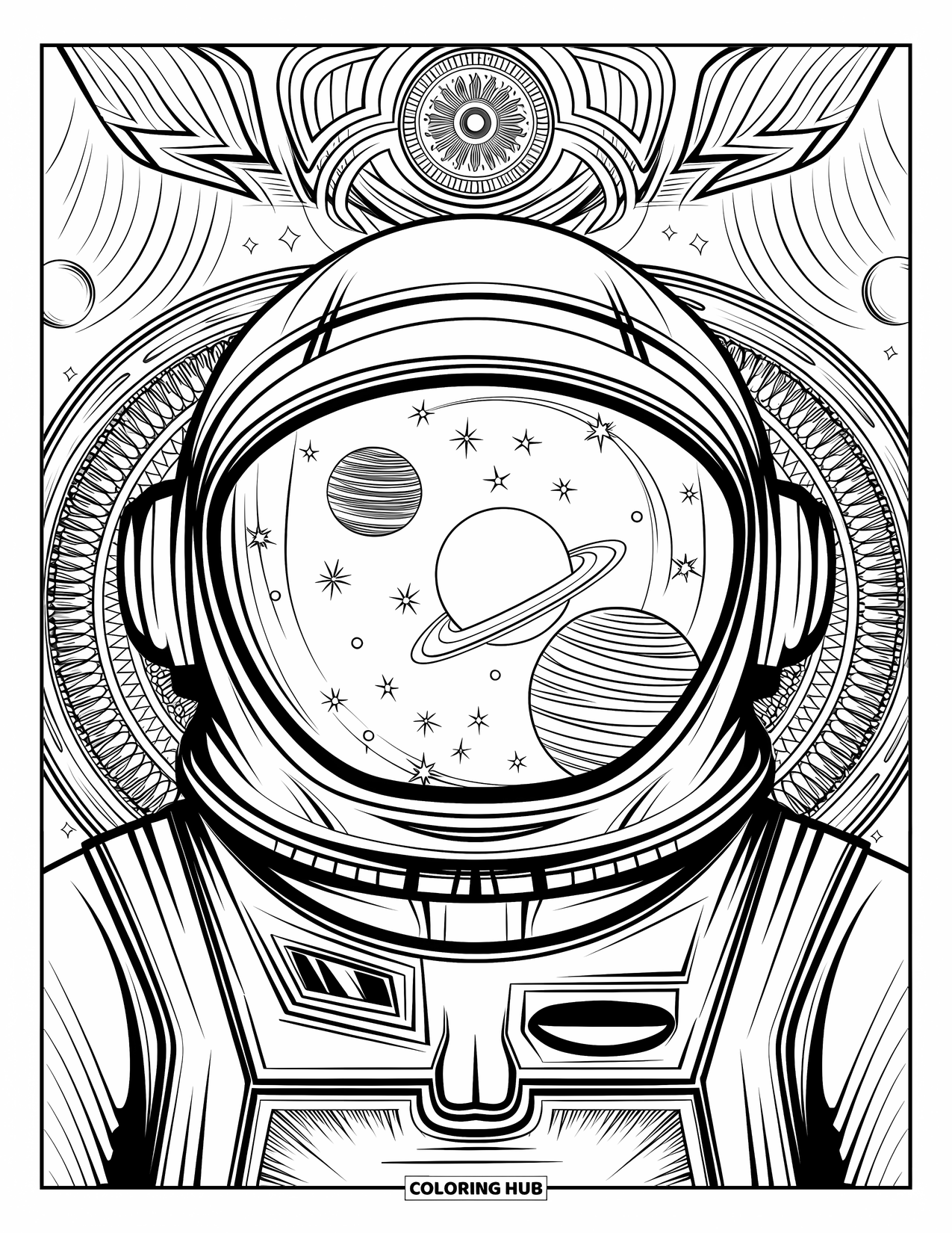 Astronaut Coloring Page for Adults: A cosmic-themed astronaut helmet features planetary reflections and intricate celestial patterns