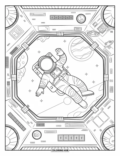 Tegning af en astronaut til voksne: En detaljeret astronaut flyder i en rumstation fyldt med skærme, redskaber og kontrolpaneler