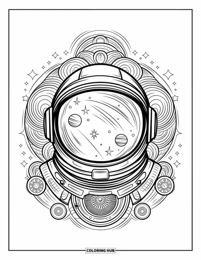 Tegning af en astronaut til voksne: En detaljeret astronauthjelm afspejler planeter og stjerner, omgivet af indviklede kosmiske mønstre