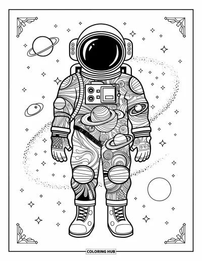 Tegning af en astronaut til voksne: En detaljeret rumdragt med kosmiske mønstre står mod en nattehimmel fyldt med planeter og stjerner