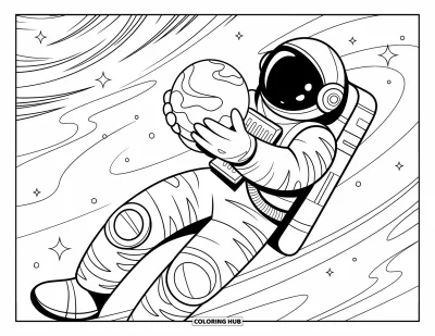 Tegning af en astronaut til voksne: En flydende astronaut holder ømt om en lille planet, mens galakser og kosmiske mønstre svirler rundt om