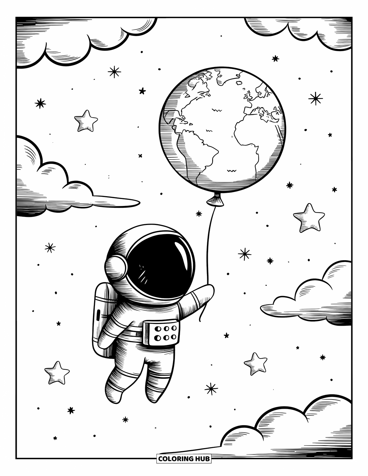 Astronaut Coloring Page for Adults: A floating astronaut drifts among fluffy clouds, holding a planet-shaped balloon