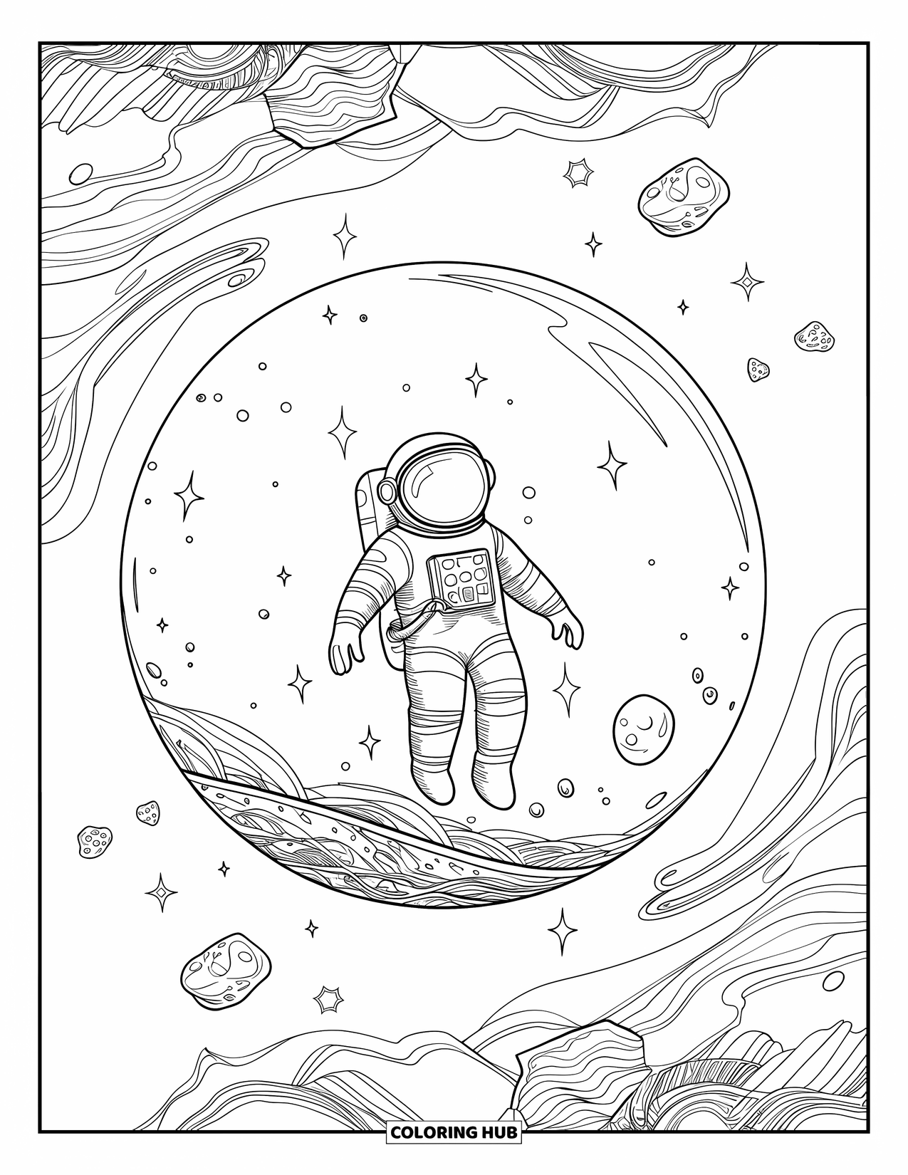 Astronaut Coloring Page for Adults: A floating astronaut is encased in a crystal sphere, with intricate cosmic patterns all around
