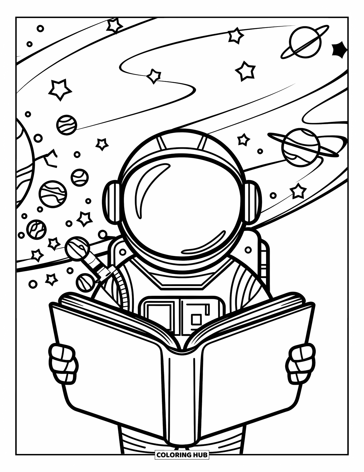 Astronaut Coloring Page for Adults: A floating astronaut reads a book, with stars and planets emerging from its pages