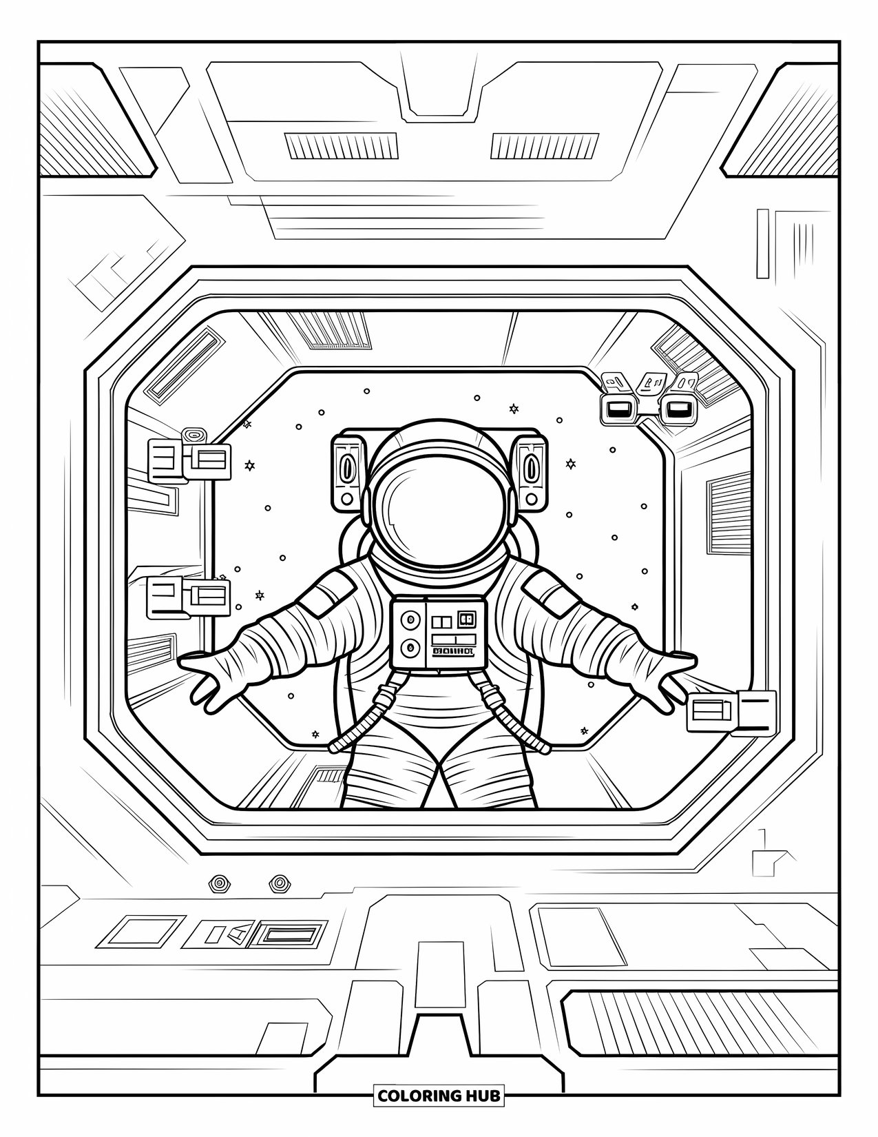 Astronaut Coloring Page for Adults: A futuristic astronaut in a space station gazes out a window into the starry universe