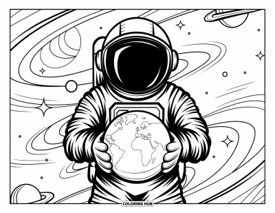 Tegning af en astronaut til voksne: En kæmpe astronaut betrager en lille planet i sine hænder, omgivet af svirlende galakser