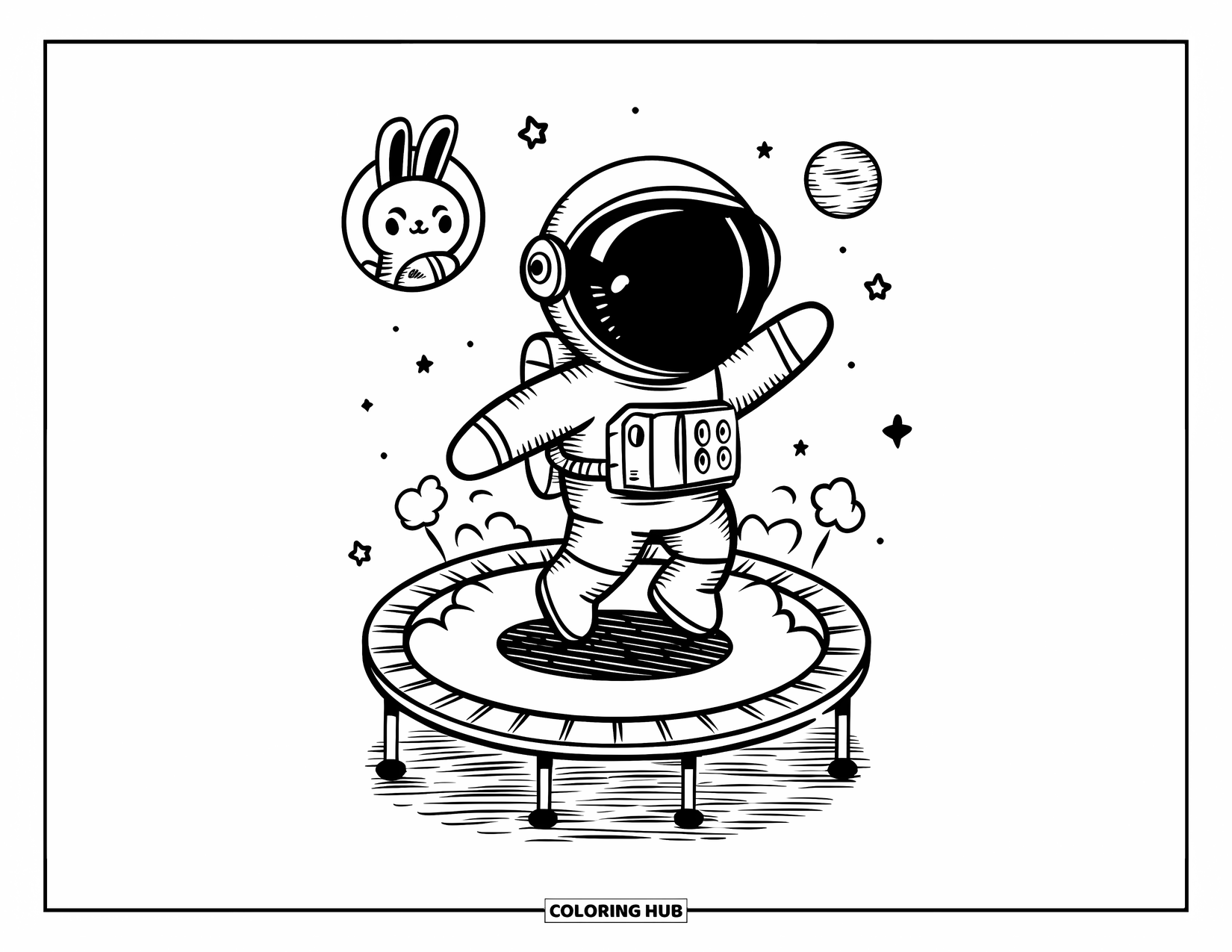 Astronaut Coloring Page for Adults: A joyful astronaut bounces on a trampoline-like planet, sending star-shaped dust into space