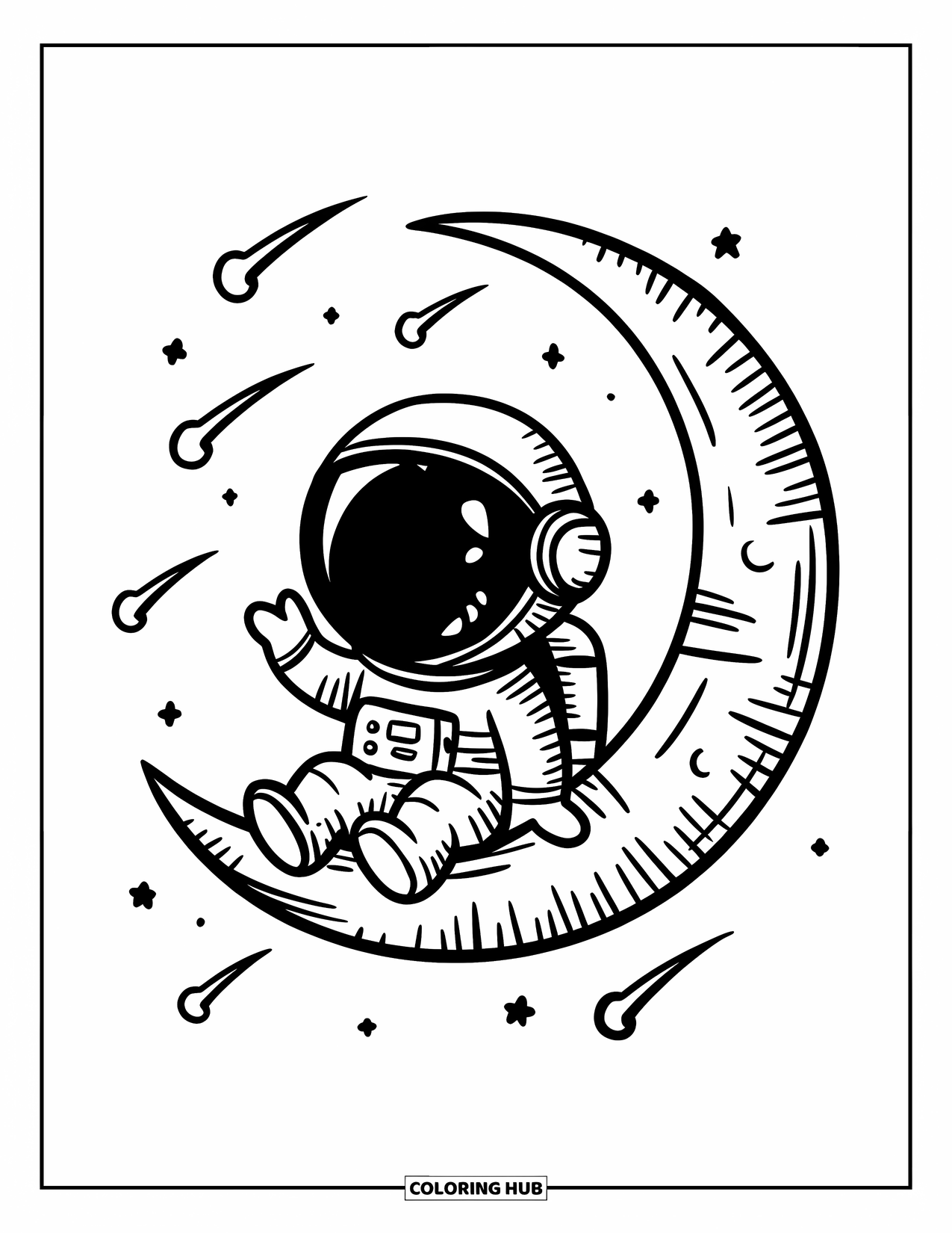 Astronaut Coloring Page for Adults: A joyful astronaut sits on a crescent moon, waving as stars twinkle in the background