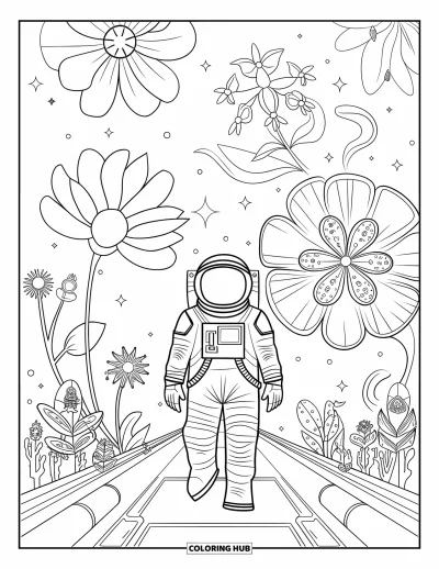 Tegning af en astronaut til voksne: En ensom astronaut udforsker en surrealistisk rumhave fyldt med glødende blomster og himmelsk skønhed