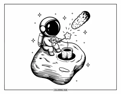 Tegning af en astronaut til voksne: En lille astronaut rister en mini-stjernesnack på en flydende meteorit, omgivet af funklende lys