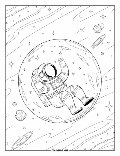 Tegning af en astronaut til voksne: En surrealistisk astronaut driver i en krystalsfære, der svæver i rummet med asteroider og galakser