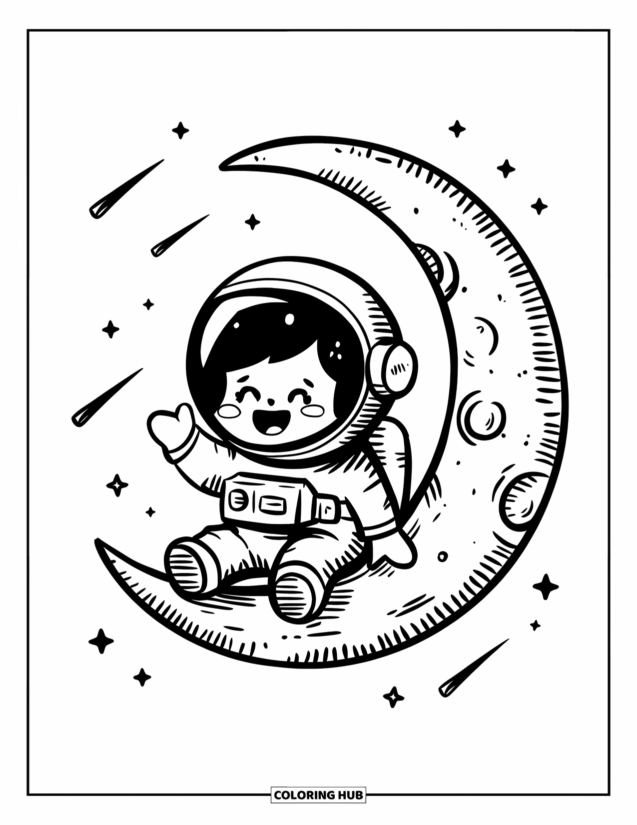 Astronaut Coloring Page for Adults: An astronaut floats on a crescent moon, waving as tiny stars shoot across the sky