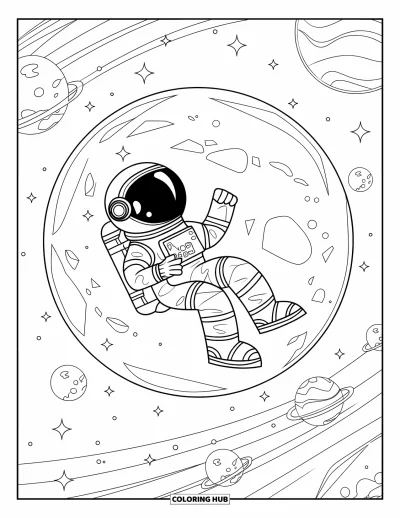 Tegning af en astronaut til voksne: En astronaut inde i en krystalsfære flyder blandt himmelske mønstre og fjerne planeter