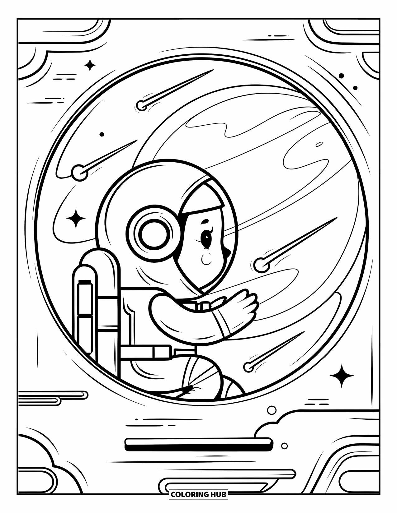 Astronaut Coloring Page for Adults: An astronaut inside a glass spaceship presses their hands against the window, admiring a giant planet