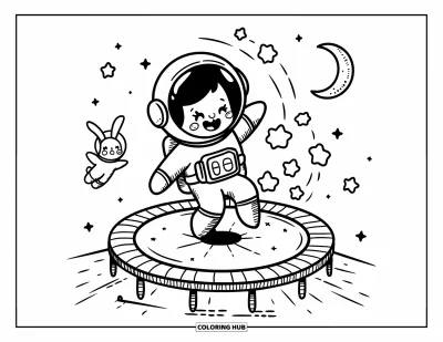 Tegning af en astronaut til voksne: En astronaut hopper på en fjærende planet, mens en lille rumkanin flyder i nærheden