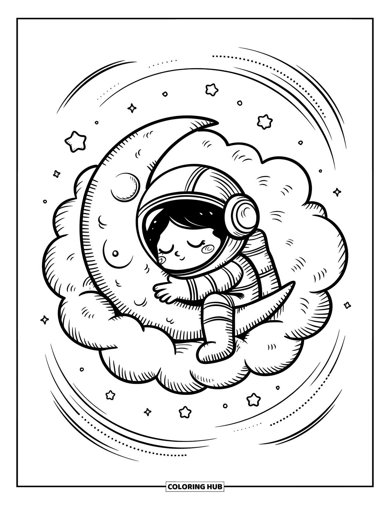 Astronaut Coloring Page for Adults: An astronaut naps in a soft cosmic cloud, snuggling a crescent moon with floating stars