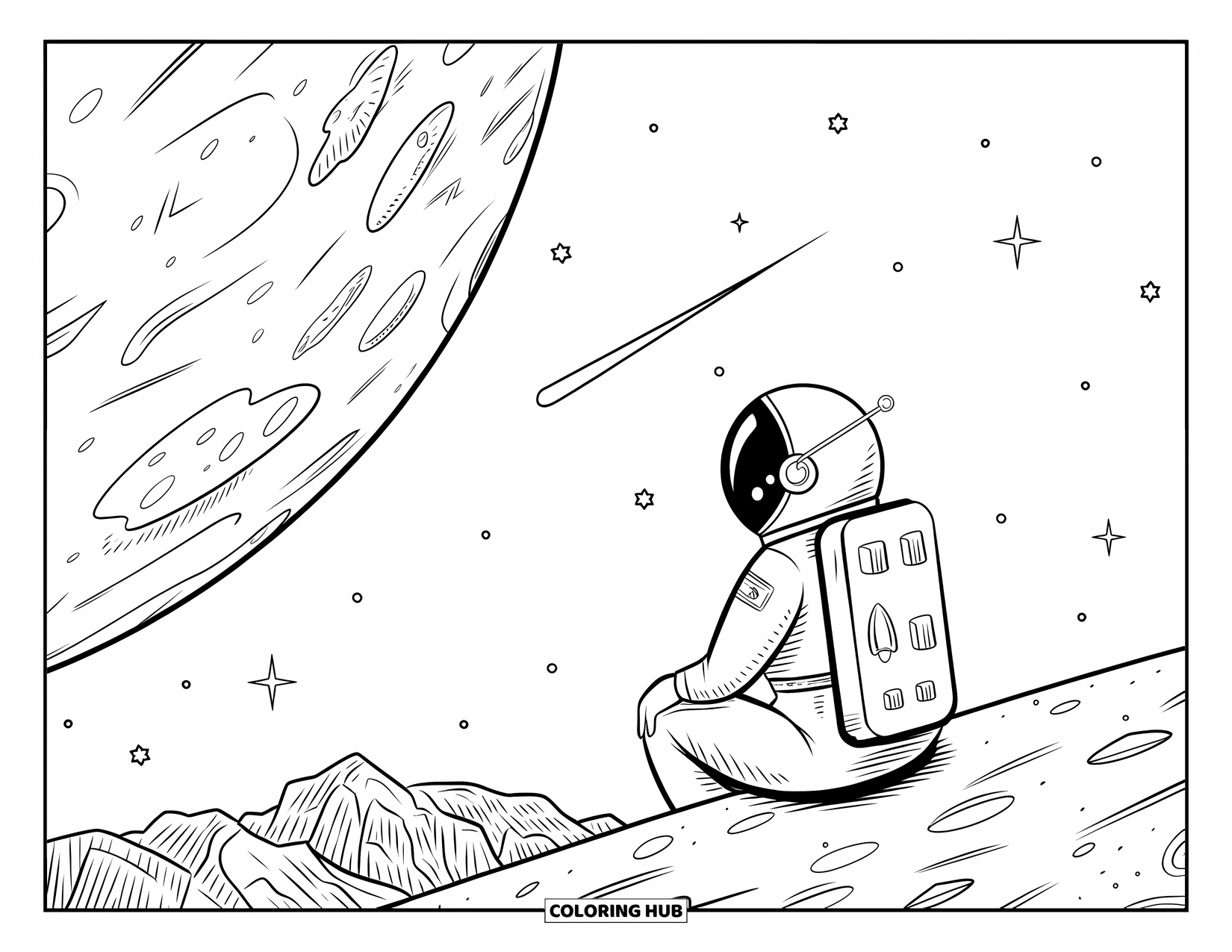 Astronaut Coloring Page for Adults: An astronaut perches on a cratered planet, watching shooting stars streak across the sky