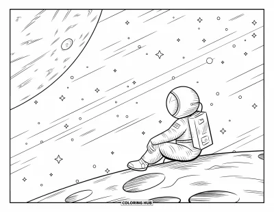 Tegning af en astronaut til voksne: En astronaut sidder på kanten af en kæmpe planet og beundrer det uendelige univers foran sig