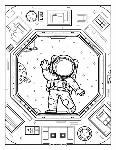 Tegning af en astronaut til voksne: En astronaut står inde i en rumstation, omgivet af knapper, skærme og flydende redskaber