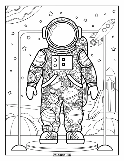 Tegning af en astronaut til voksne: En rumdragt med svirlende rumtemaede mønstre hænger på en stativ med en raket i baggrunden