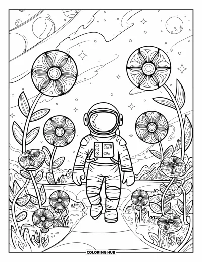 Tegning af en astronaut til voksne: En astronaut vandrer gennem en mystisk rumhave blomstrende med glødende kosmiske blomster