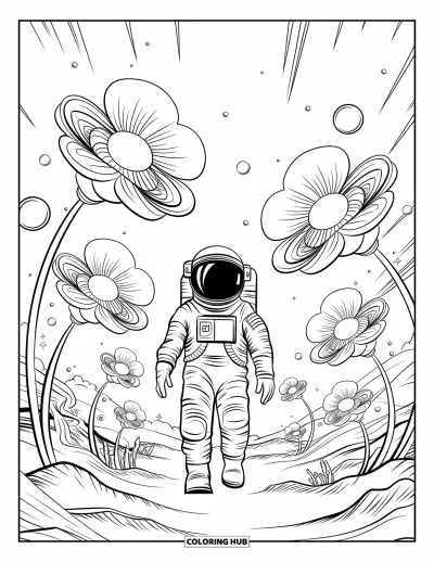 Tegning af en astronaut til voksne: En astronaut vandrer gennem en mystisk rumhave, omgivet af glødende kosmiske blomster og flydende kugler