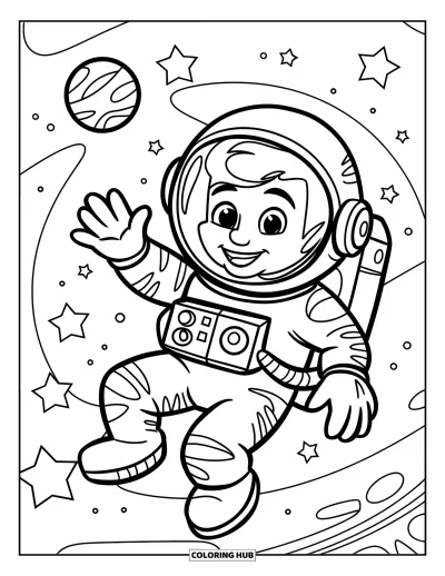 Tegning af en astronaut til børn: En glad astronaut flyder i rummet og vinker muntert med stjerner i baggrunden