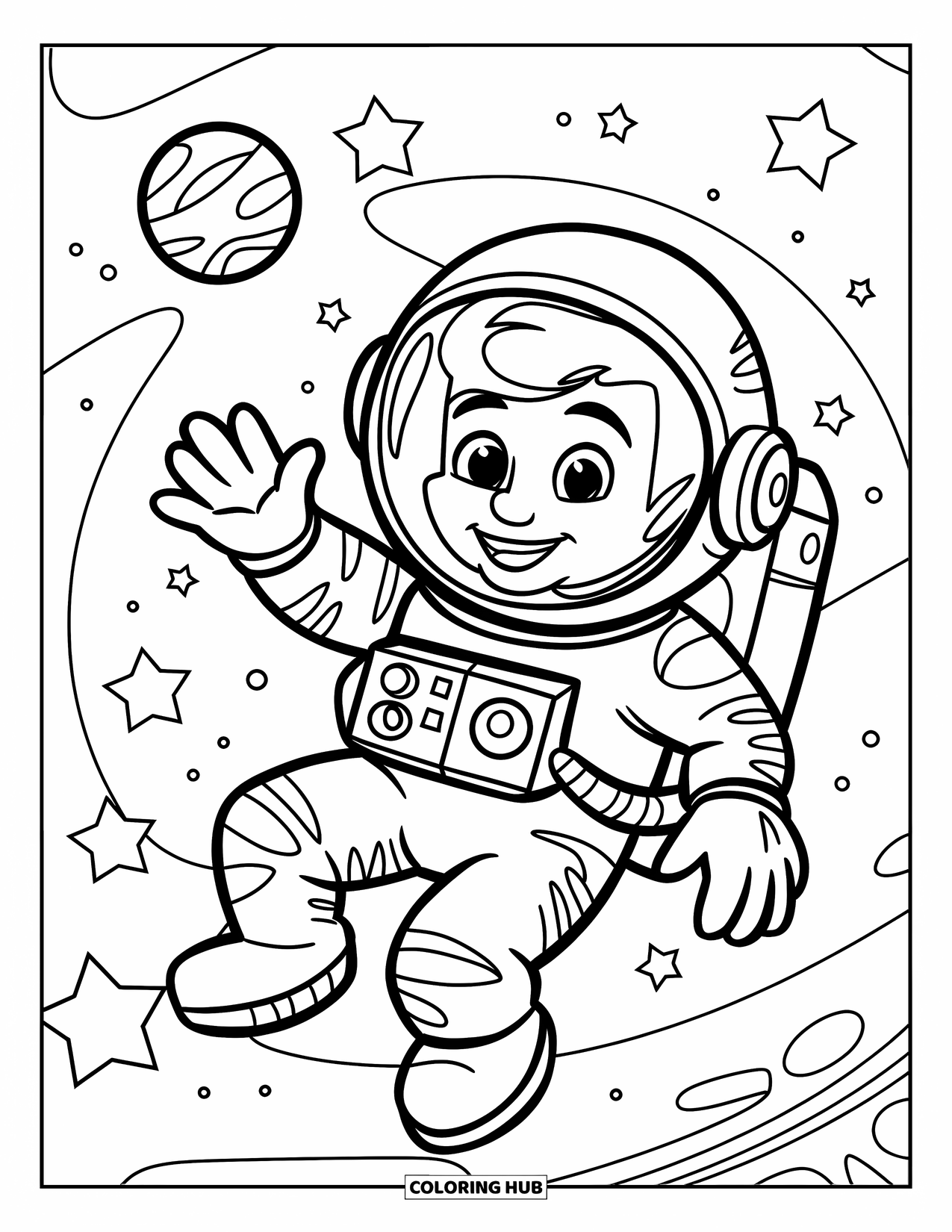 Astronaut Coloring Page for Kids: A cheerful astronaut floats in space, waving happily with stars in the background