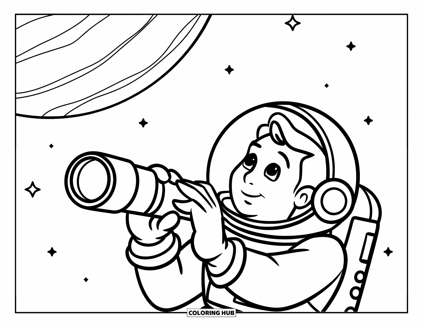 Astronaut Coloring Page for Kids: A chubby astronaut holds a telescope, gazing up at a giant planet in the sky