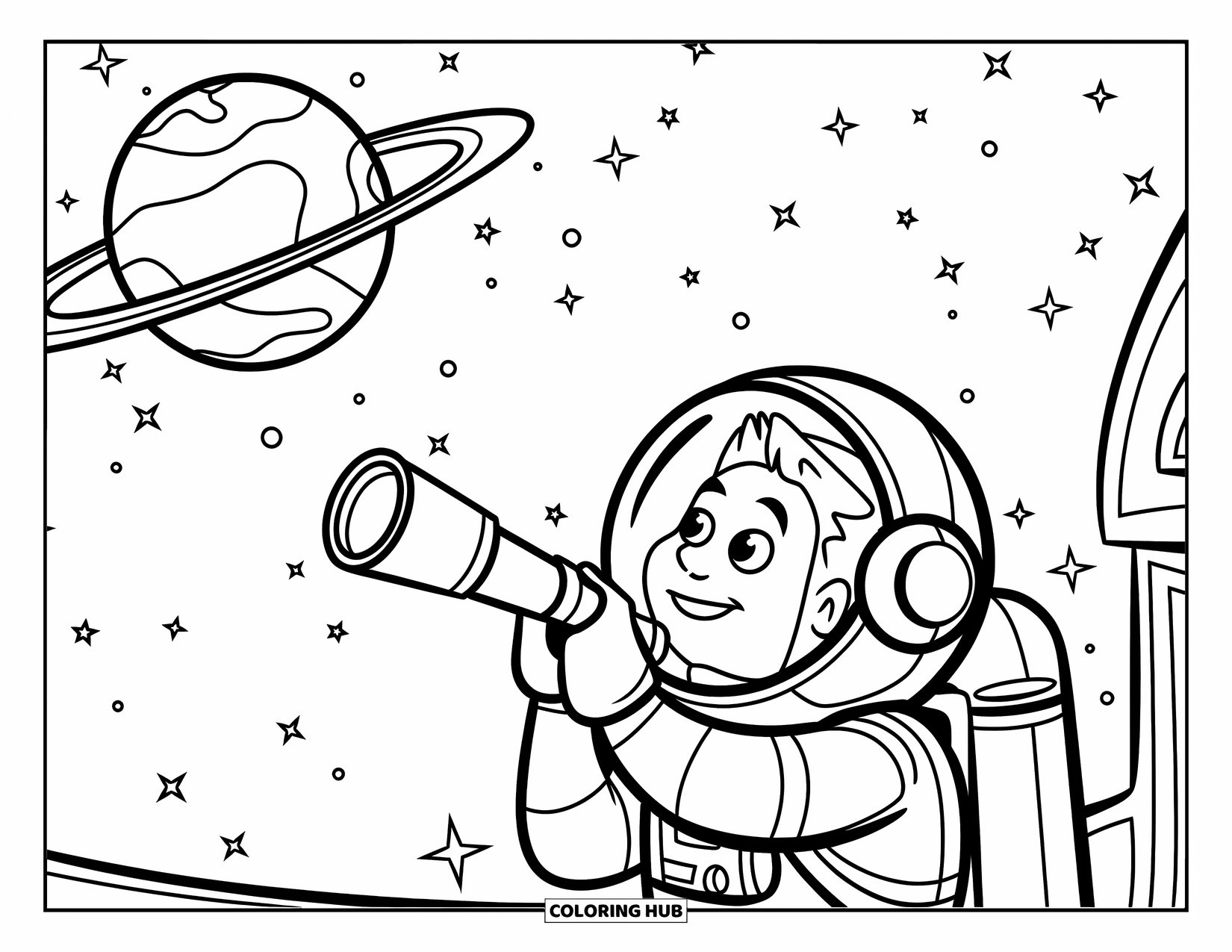 Astronaut Coloring Page for Kids: A chubby astronaut on a platform looks up at a giant planet in a starry sky