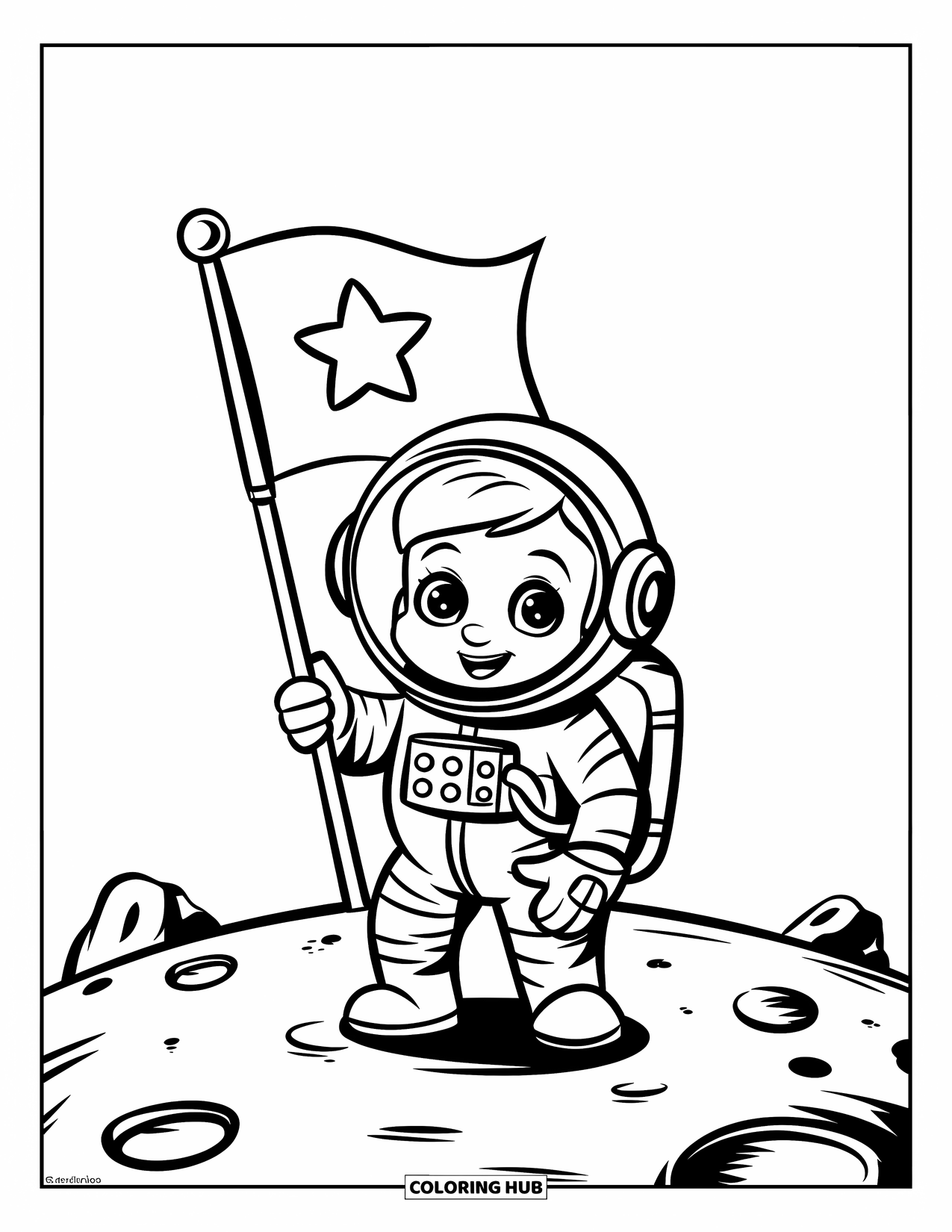 Astronaut Coloring Page for Kids: A cute astronaut stands on the moon, holding a flag with a star